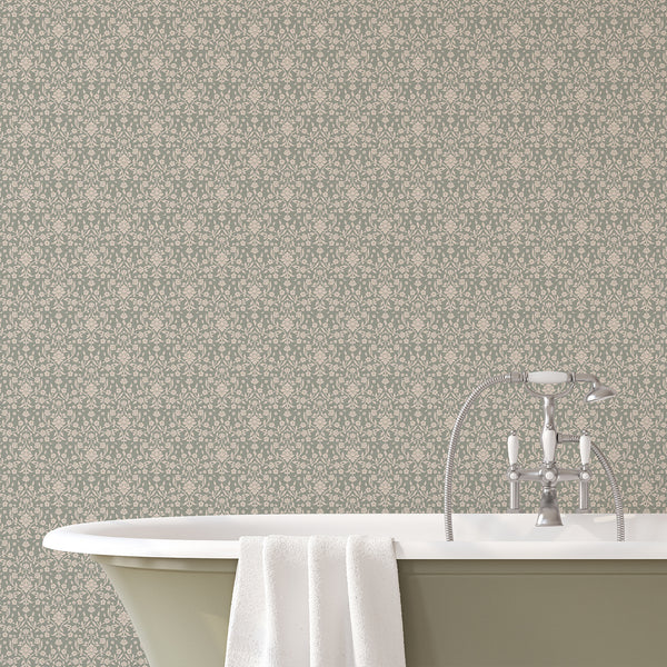 Soft green botanical damask wallpaper with delicate cream flowers, flowing branches and stylized leaves in a charming vintage-inspired floral pattern.