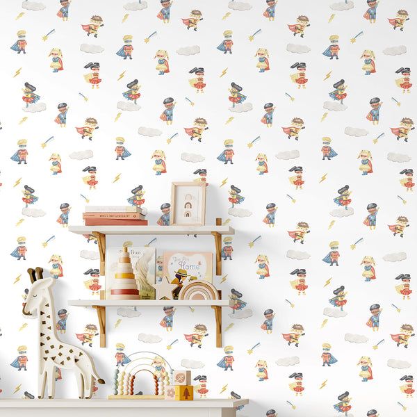 Boys and girls superhero wallpaper featuring whimsical watercolor characters, colorful costumes, gray clouds and yellow lightning bolts for a kids playroom.