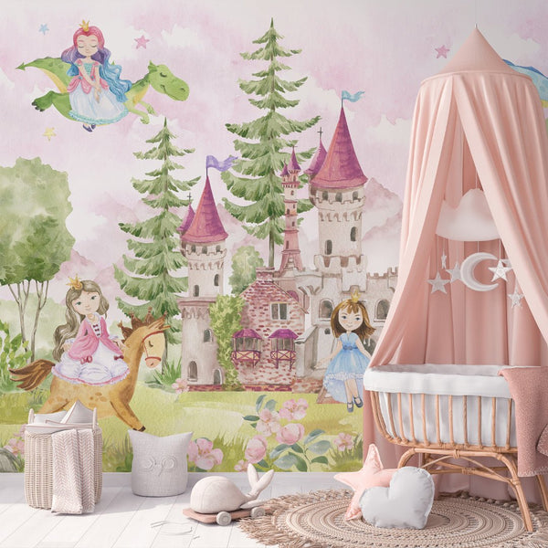 Magic Castle with Princesses Wall Mural WM069 - CostaCover - Peel and stick Removable Wallpaper - abstract floral - abstract wallpaper - accent wallpaper