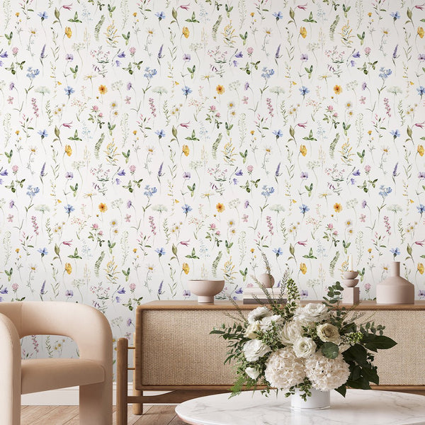 Colored Delicate Wildflowers Wallpaper S072 - CostaCover - Peel and stick Removable Wallpaper - accent wallpaper - adhesive wallpaper - baby bedroom