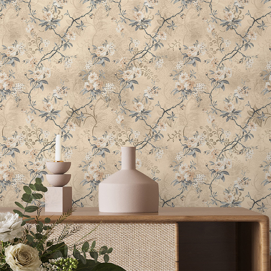 Beige Vintage Flowers Wallpaper S076