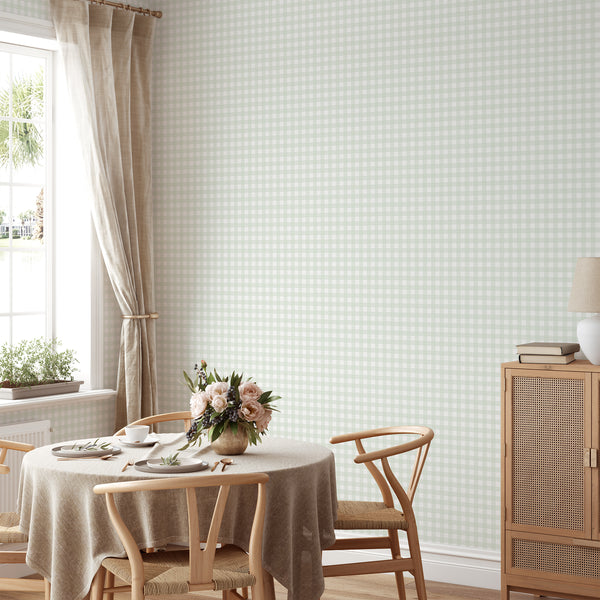 Light green checkered wallpaper with layered plaid lines and airy white squares, ideal for a nursery, bedroom, or cottage-style room.