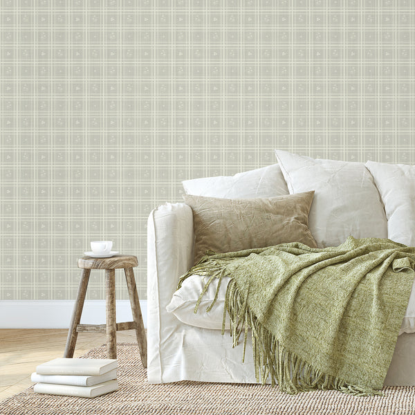 Sage Green Plaid Floral Wallpaper L147