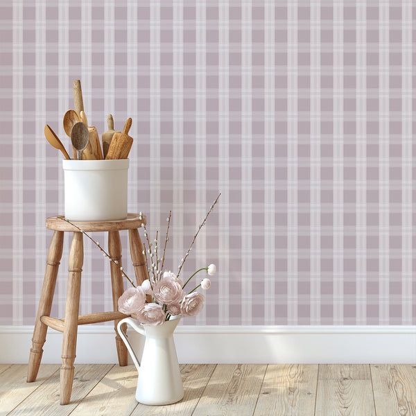 Preppy mauve wallpaper featuring a large-scale check pattern with delicate pale stripes for bedrooms, nurseries, home offices, and stylish interiors.