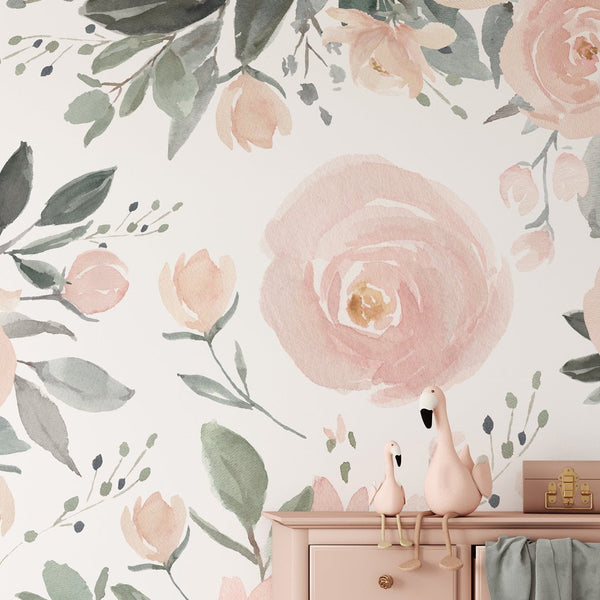 Soft Pink Roses Wall Mural WM011 - CostaCover - Peel and stick Removable Wallpaper - baby bedroom - bedroom wallpaper - blush pink wallpaper