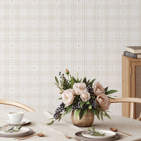 Beige Plaid Floral Wallpaper L145