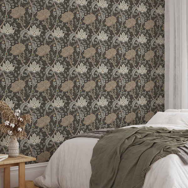 Dense floral wallpaper showcasing Morris-inspired designs with gray-green leaves and sky-blue accents, perfect for adding classic charm to any space.