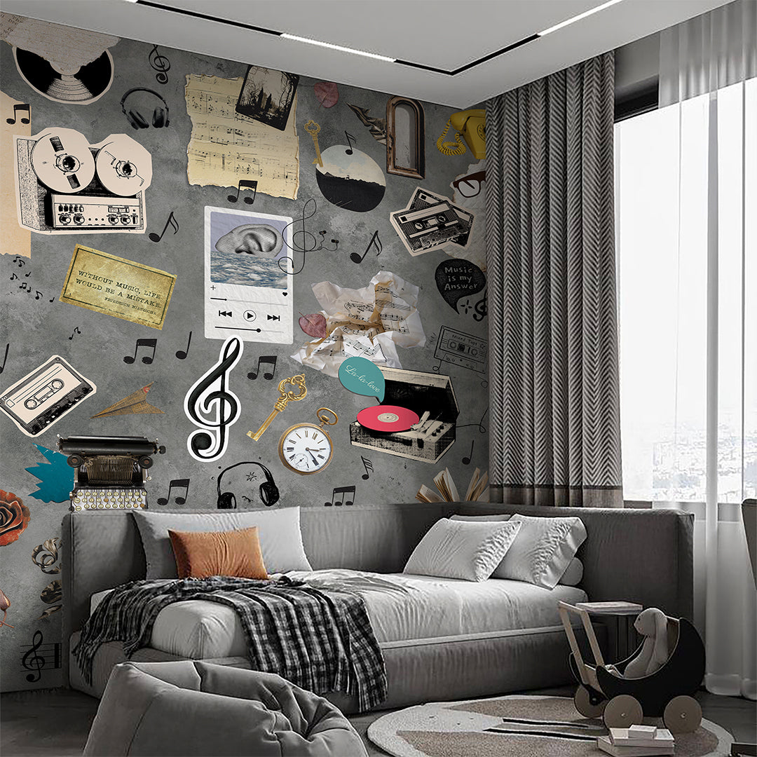 Gray Vintage Music Collage Wall Mural SM108