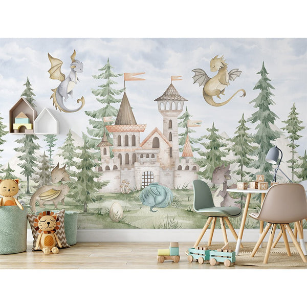 Dragons Castle in Forest Wall Mural SM038 - CostaCover - Peel and stick Removable Wallpaper - accent wallpaper - adhesive wallpaper - baby bedroom