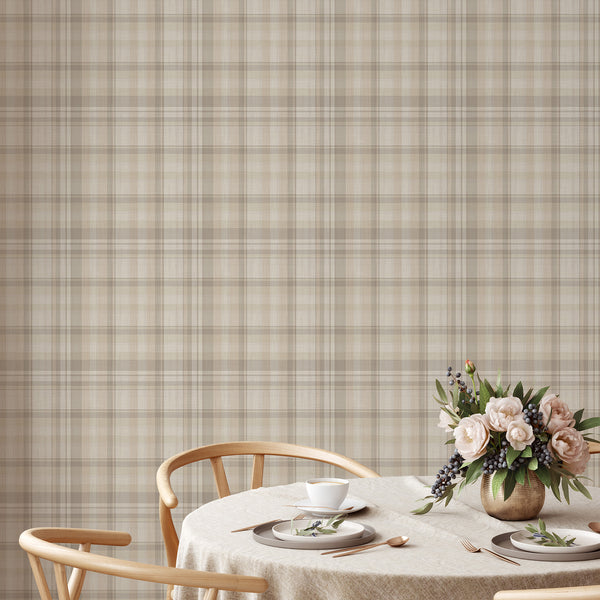 Removable beige plaid wallpaper featuring soft layered stripes and a subtle fabric-inspired texture, perfect for farmhouse bedrooms and rustic living rooms.