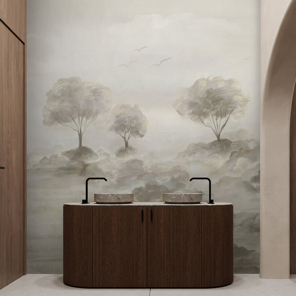 Watercolor forest wall mural with delicate trees, layered foliage and muted beige taupe tones, ideal for minimalist or modern living room decor.