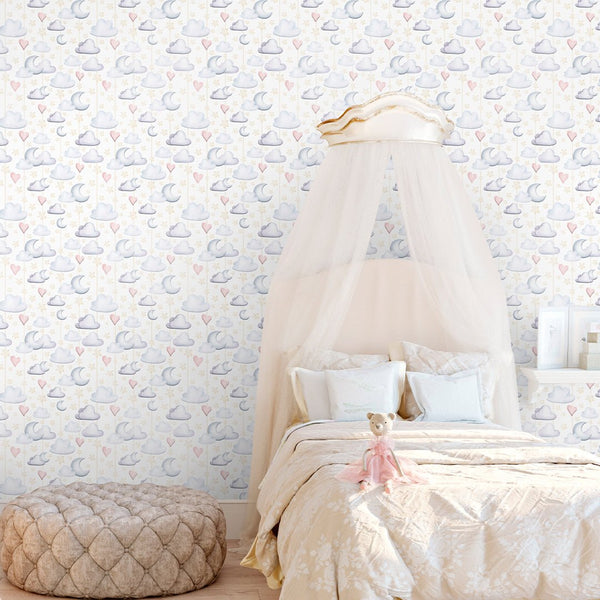 Clouds Moon & Hearts Wallpaper S125 - CostaCover-Peel and stick Removable Wallpaper-accent wallpaper-adhesive wallpaper-baby bedroom