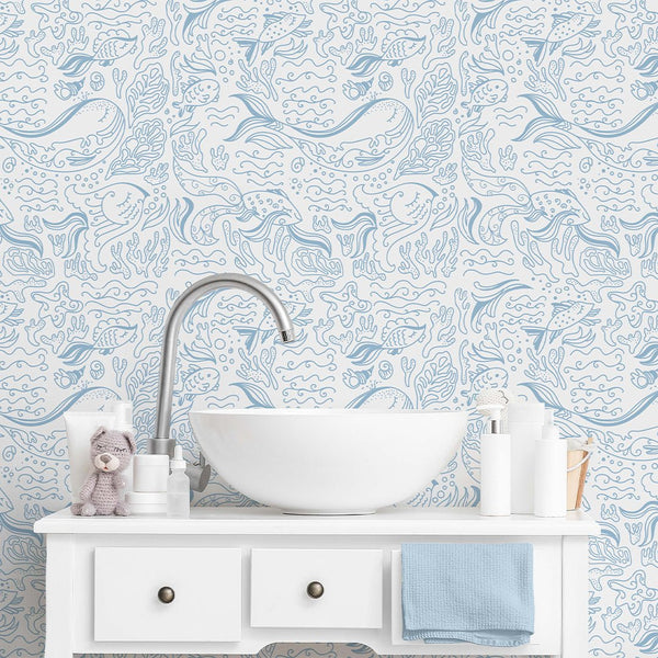 Blue Line Art Whale Wallpaper S099 - CostaCover - Peel and stick Removable Wallpaper - Abstract - abstract lines - abstract mural