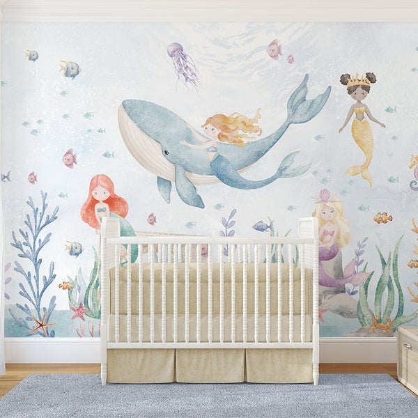 Mermaids and Whale Wall Mural SM066 - CostaCover - Peel and stick Removable Wallpaper - accent wallpaper - adhesive wallpaper - ariel mermaid