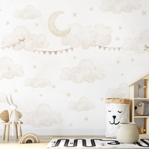 Beige Clouds Moon & Bunting Wall Mural SM070 - CostaCover - Peel and stick Removable Wallpaper - Abstract - abstract wall art - abstract wallpaper