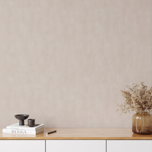 Beige wallpaper with a plaster look, featuring gentle cloud-like variations, perfect for bedrooms needing a neutral backdrop. The velvety matte finish and painterly texture suit modern and Scandinavian decor beautifully.