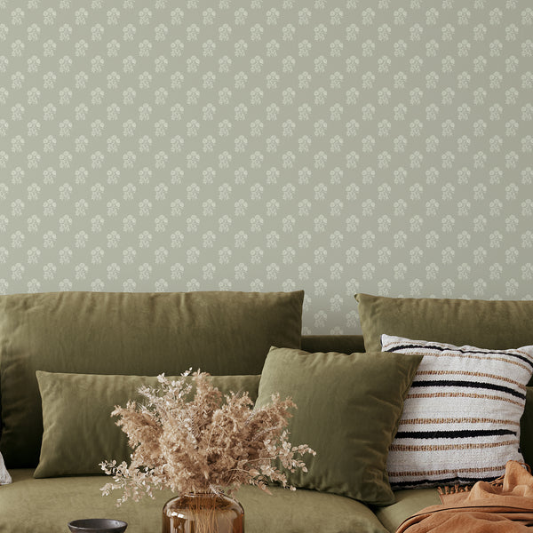 Sage Green Vintage Floral Wallpaper CC373