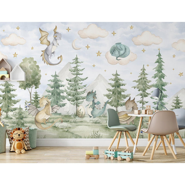Dragons in Forest Wall Mural SM037 - CostaCover - Peel and stick Removable Wallpaper - accent wallpaper - adhesive wallpaper - baby bedroom