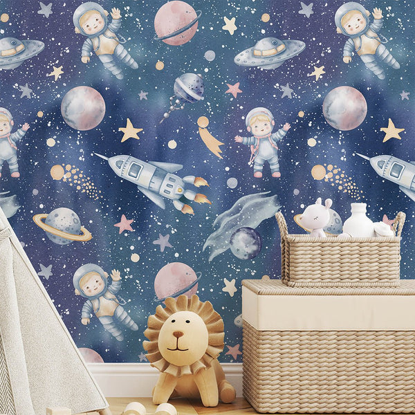Dark Blue Astronauts & Planets Wallpaper S119 - CostaCover-Peel and stick Removable Wallpaper-accent wallpaper-adhesive wallpaper-bathroom wallpaper