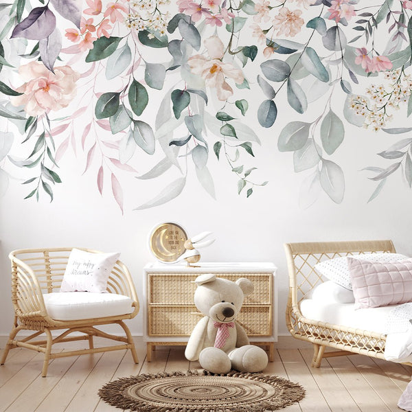 Pink Hanging Flowers and Leaves Wall Mural SM022 - CostaCover - Peel and stick Removable Wallpaper - accent wallpaper - adhesive wallpaper - bathroom wallpaper