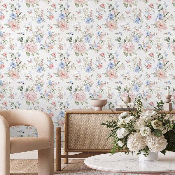 Pink Blue Flower Bouquet Wallpaper S059 - CostaCover - Peel and stick Removable Wallpaper - accent wallpaper - adhesive wallpaper - bathroom wallpaper
