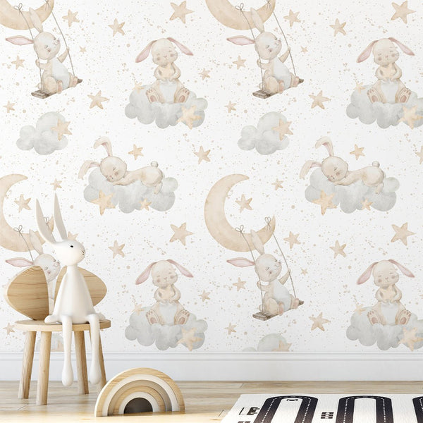 Beige Bunnies on Clouds Wallpaper S107 - CostaCover - Peel and stick Removable Wallpaper - accent wallpaper - adhesive wallpaper - animal print