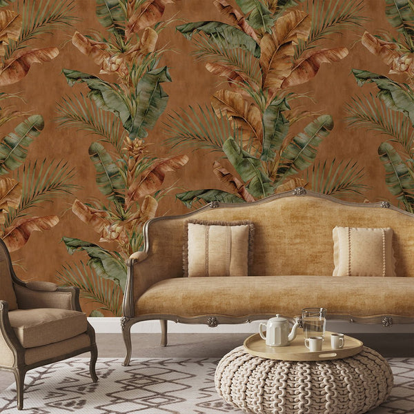 Terracotta Tropical Leaves Wallpaper A129 - CostaCover - Peel and stick Removable Wallpaper - accent wallpaper - adhesive wallpaper - bathroom wallpaper