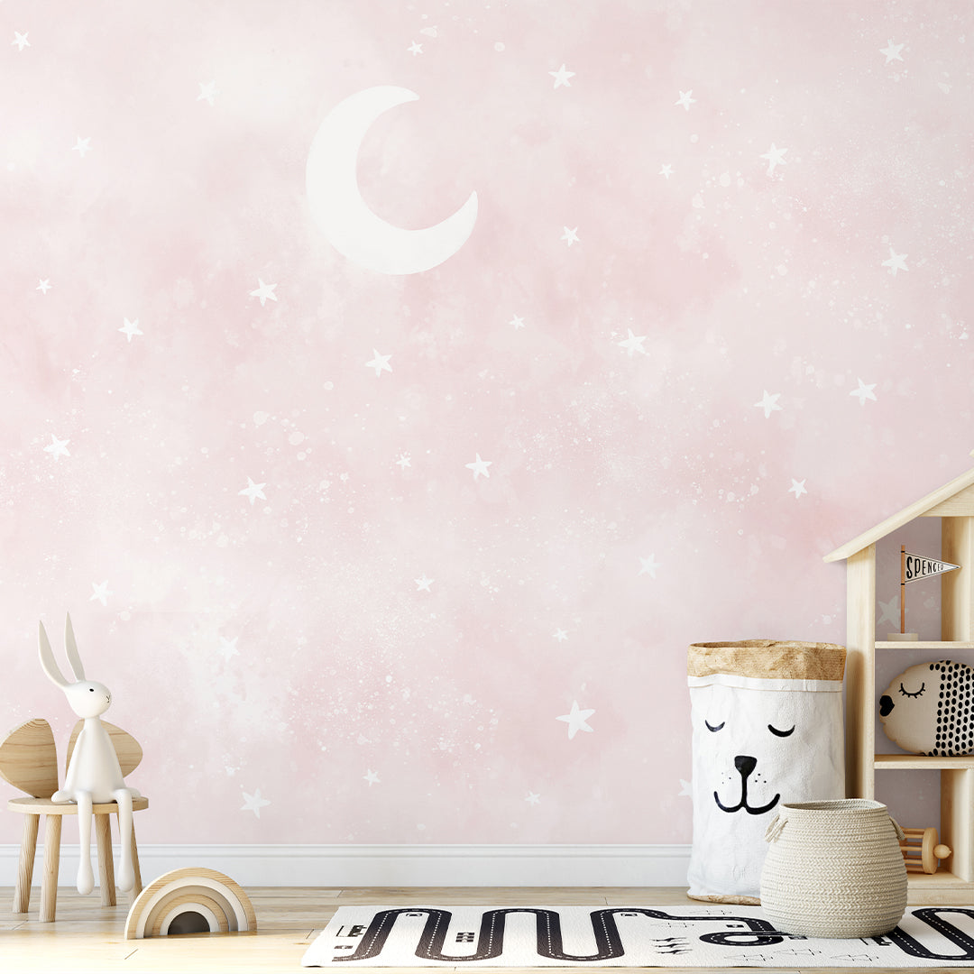 Pastel Pink Moon & Stars Wall Mural SM075