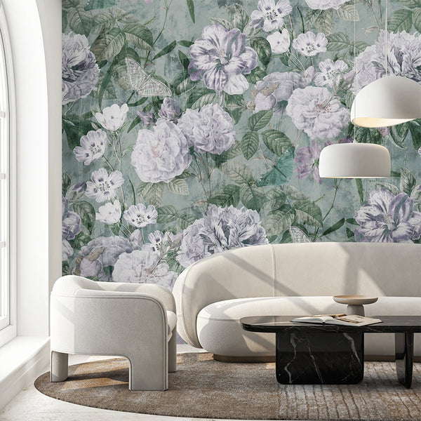 Light Mint Vintage Flowers Garden Wall Mural SM047 - CostaCover - Peel and stick Removable Wallpaper - accent wallpaper - adhesive wallpaper - bathroom wallpaper
