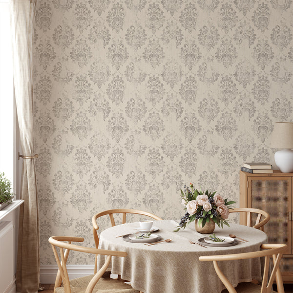 Ornate damask pattern with distressed edges on warm beige, perfect for adding elegance to living rooms and hallways.
