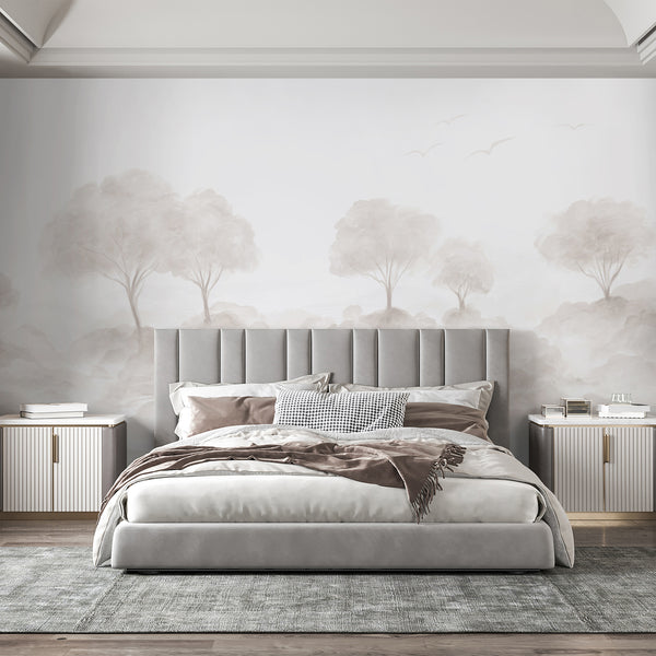 Minimalist beige wallpaper featuring dreamy watercolor trees and misty landscape details for an elegant neutral bedroom or living room accent wall.