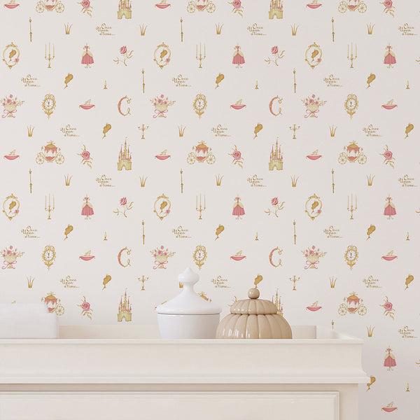 Girls room wallpaper with charming princess and kingdom motifs in blush pink, muted gold and warm beige on a soft neutral background.