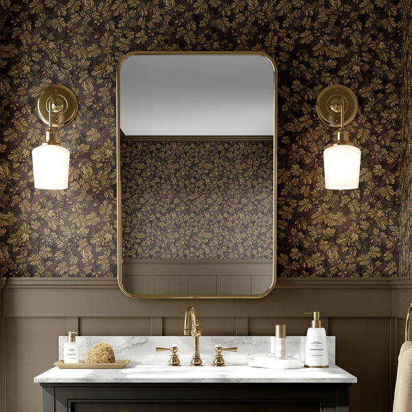 Moody dark brown fig wallpaper featuring olive green leaves, ripe purple figs and winding branches in a vintage botanical pattern for English cottage decor.