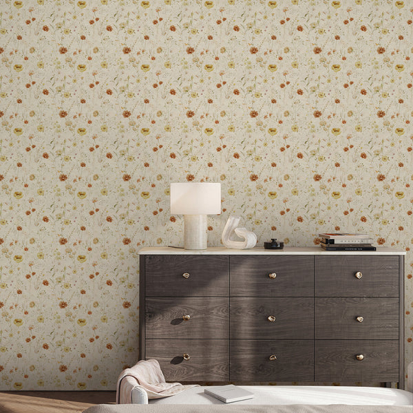 Neutral watercolor floral wallpaper featuring scattered field flowers on a creamy beige background, suited to vintage, cottagecore and farmhouse decor.