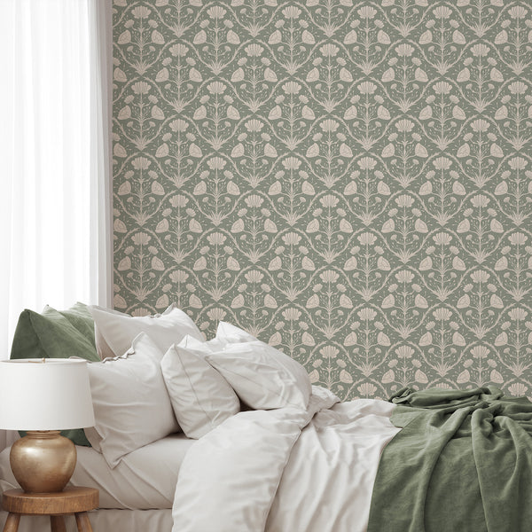 Sage green floral wallpaper with arching stems, suitable for soft, timeless living room decor.
