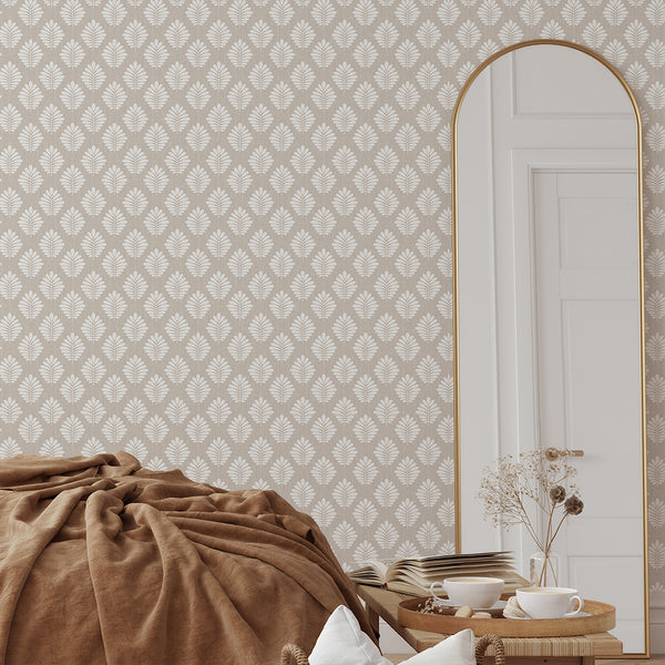 Beige Taupe Linen Leaf Wallpaper L040