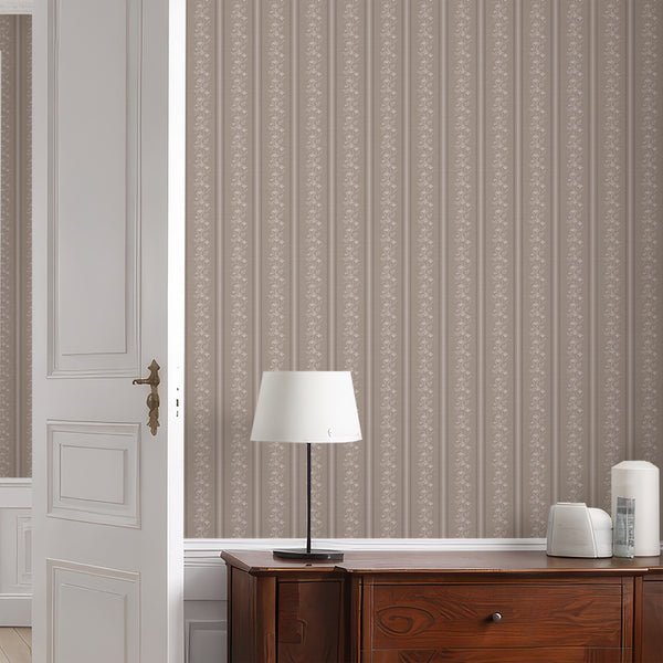 Taupe Beige Floral Stripe Wallpaper L127