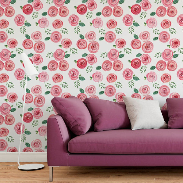 Red Pink Roses Wallpaper CC138 - CostaCover - Peel and stick Removable Wallpaper - adhesive wallpaper - Backsplash panels - bathroom wallpaper