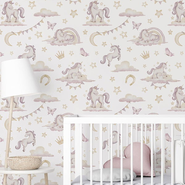 Pink Unicorns on Clouds Wallpaper A044 - CostaCover-Peel and stick Removable Wallpaper-accent wallpaper-adhesive wallpaper-baby bedroom