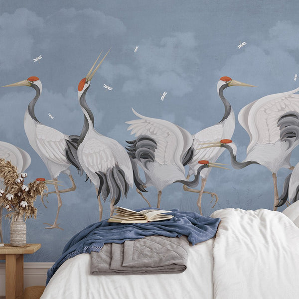 Blue Japanese Cranes Wall Mural WM111 - CostaCover - Peel and stick Removable Wallpaper - accent wallpaper - adhesive wallpaper - animal print