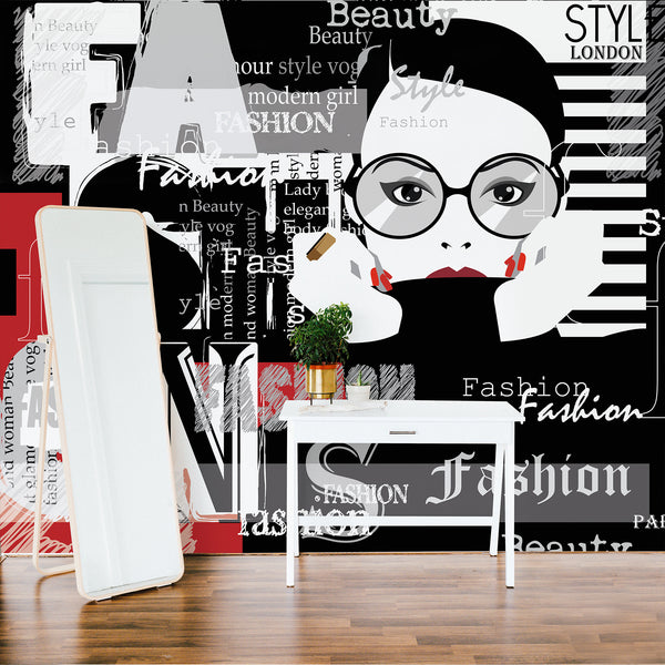 Bold black and white fashion wallpaper with red accents, oversized letters, beauty graphics and a stylish woman for a modern glam statement wall.