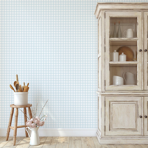 Preppy blue gingham wallpaper featuring a structured plaid grid and subtle striped details for a charming kids room or bedroom decor.