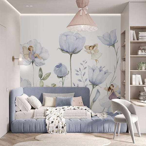 Blue Flower Fairy Wall Mural SM050 - CostaCover - Peel and stick Removable Wallpaper - accent wallpaper - adhesive wallpaper - baby bedroom