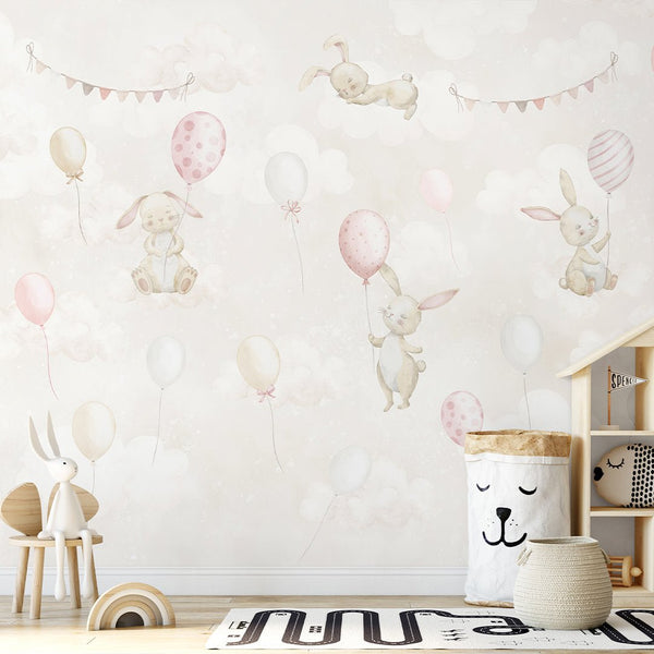 Beige Bunny & Balloons Wall Mural SM078 - CostaCover - Peel and stick Removable Wallpaper - abstract wall art - abstract wallpaper - accent wallpaper