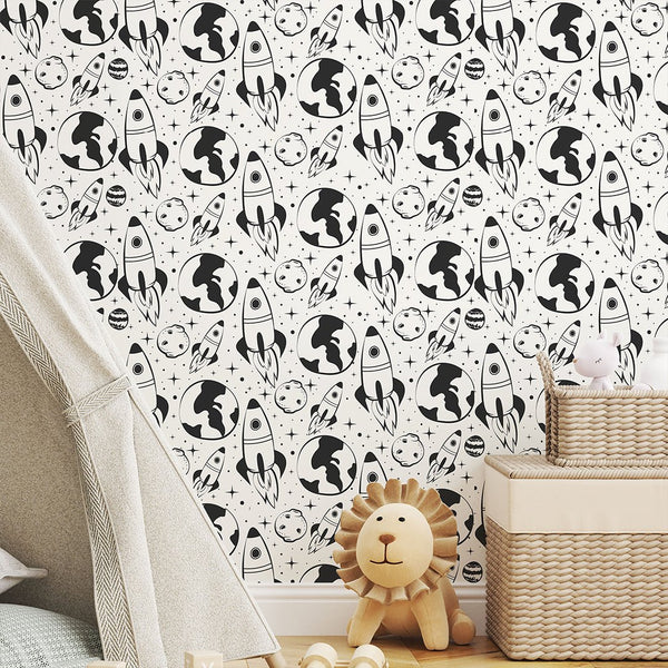 Black Spaceship & Planet Wallpaper S131 - CostaCover-Peel and stick Removable Wallpaper-accent wallpaper-adhesive wallpaper-bathroom wallpaper