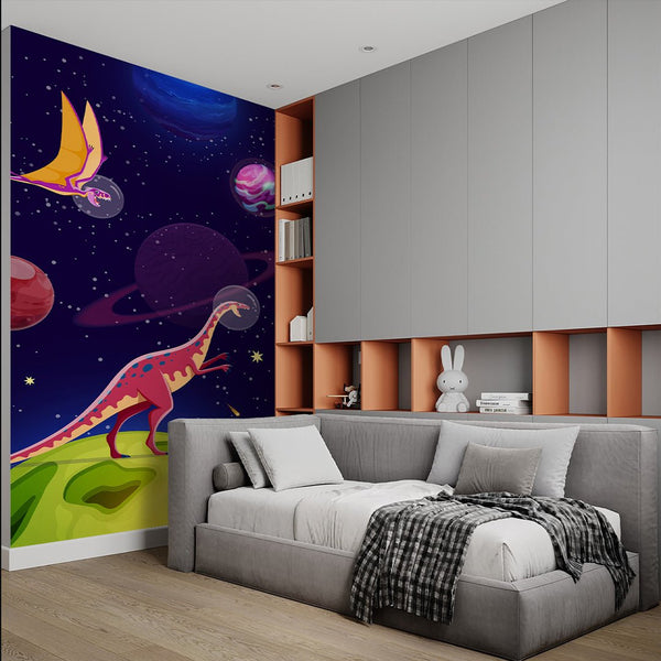 Dinosaurs in Space Wall Mural SM096 - CostaCover - Peel and stick Removable Wallpaper - accent wallpaper - adhesive wallpaper - bathroom wallpaper