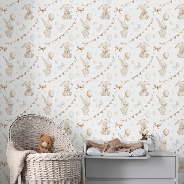 Beige Bunnies & Bunting Wallpaper S110 - CostaCover - Peel and stick Removable Wallpaper - accent wallpaper - adhesive wallpaper - animal print