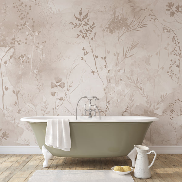 Neutral floral wall mural featuring airy wildflowers, botanical branches and translucent leaves in soft beige and taupe watercolor shades.