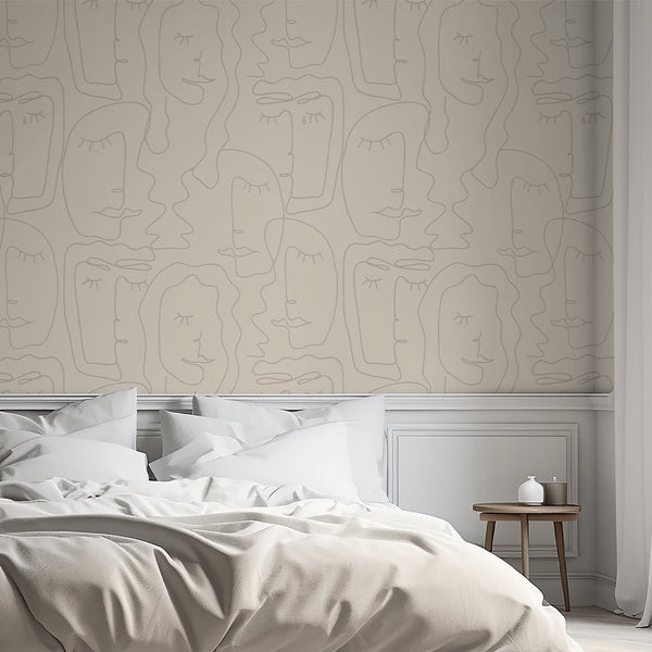 Beige Abstract Female Face Wallpaper CC307 - CostaCover - Peel and stick Removable Wallpaper - Abstract - abstract lines - abstract mural
