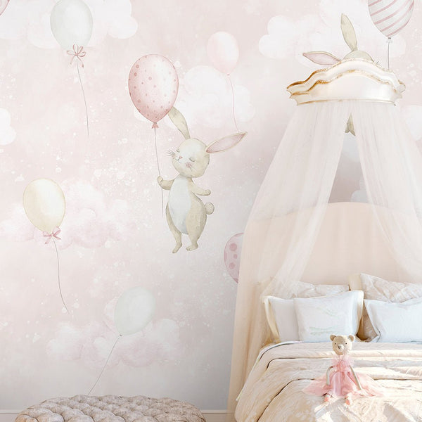 Pink Bunny & Balloons Wall Mural SM077 - CostaCover - Peel and stick Removable Wallpaper - abstract wall art - abstract wallpaper - accent wallpaper